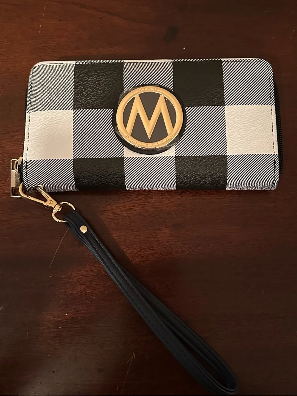 MKF Collection by MiaK Navy and White Plaid Wristlet Wallet NWT